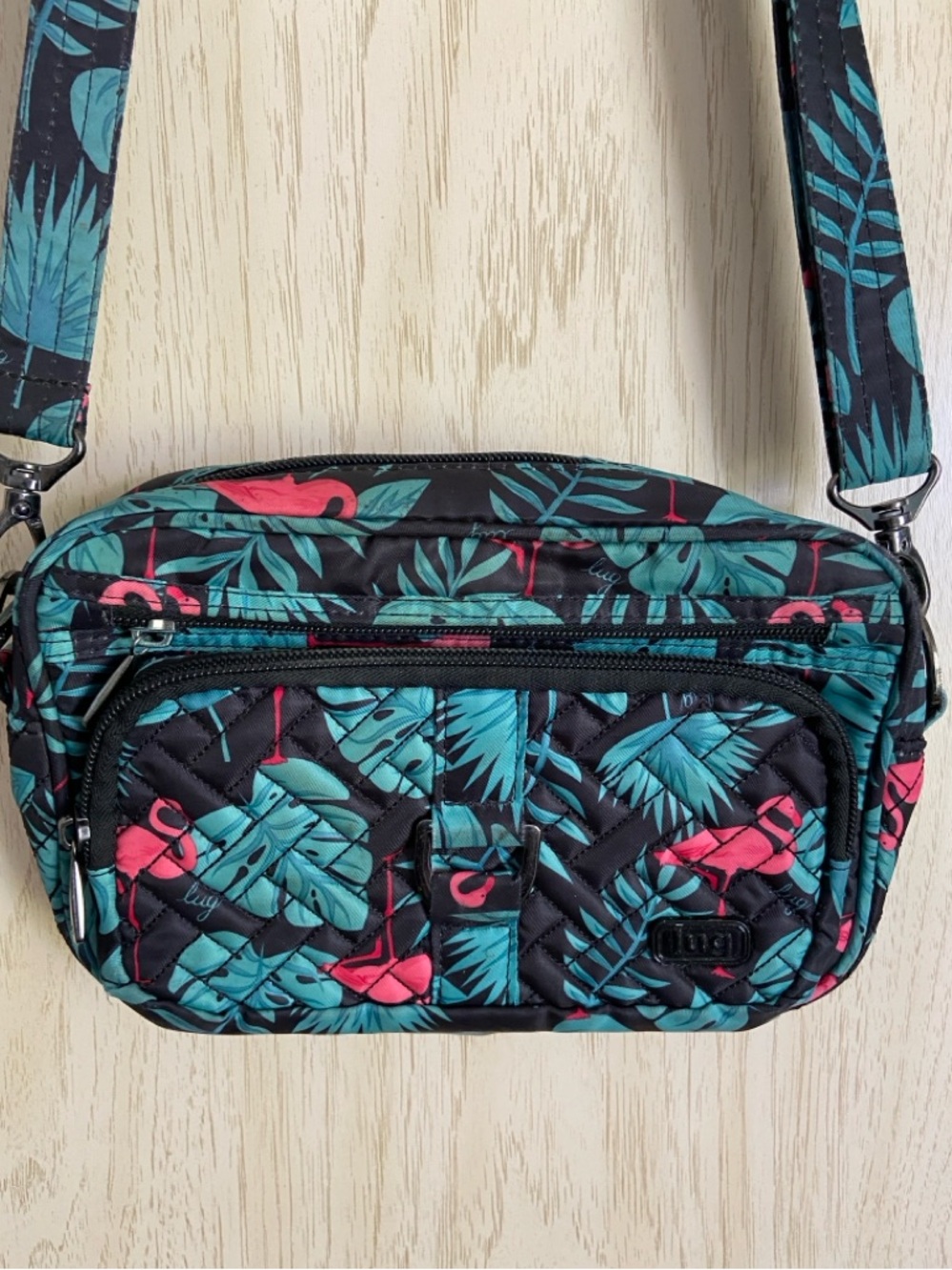 LUG Carousel Convertible Crossbody Belt Bag Pockets Flamingo Palm Tropical